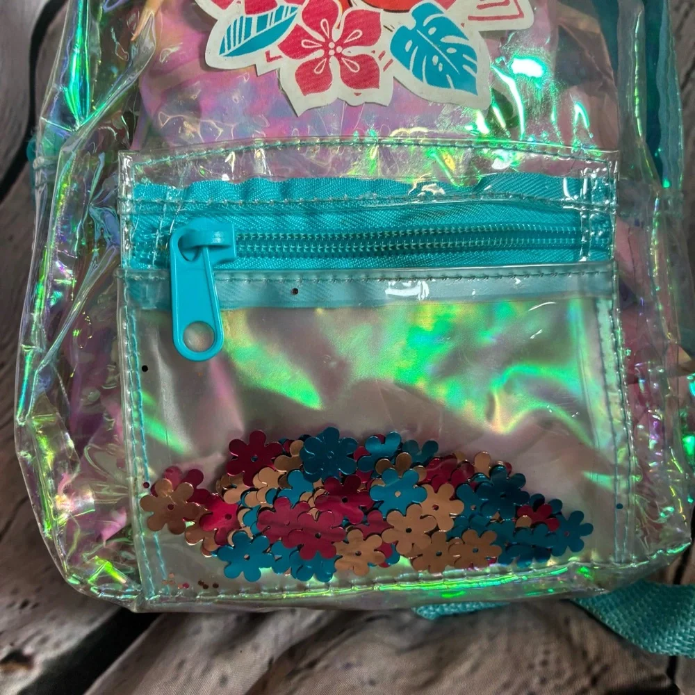 Disney Moana Clear‎ Teal Iridescent Glitter Confetti Mini Backpack DisneyCore